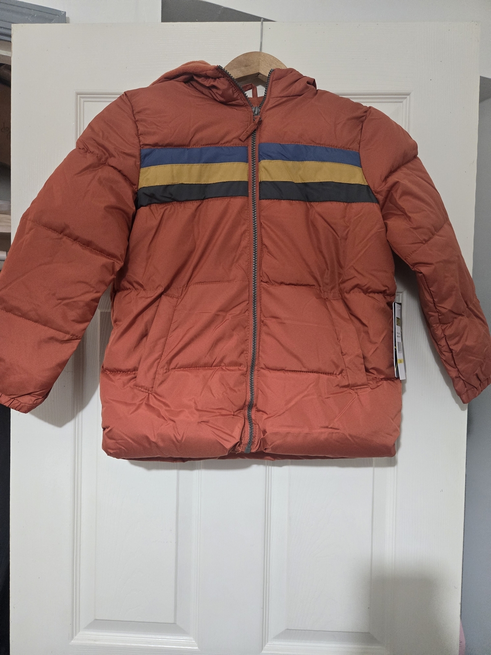 Kids Hooded Rust Puffer Jacket with Blue and Mustard Stripes